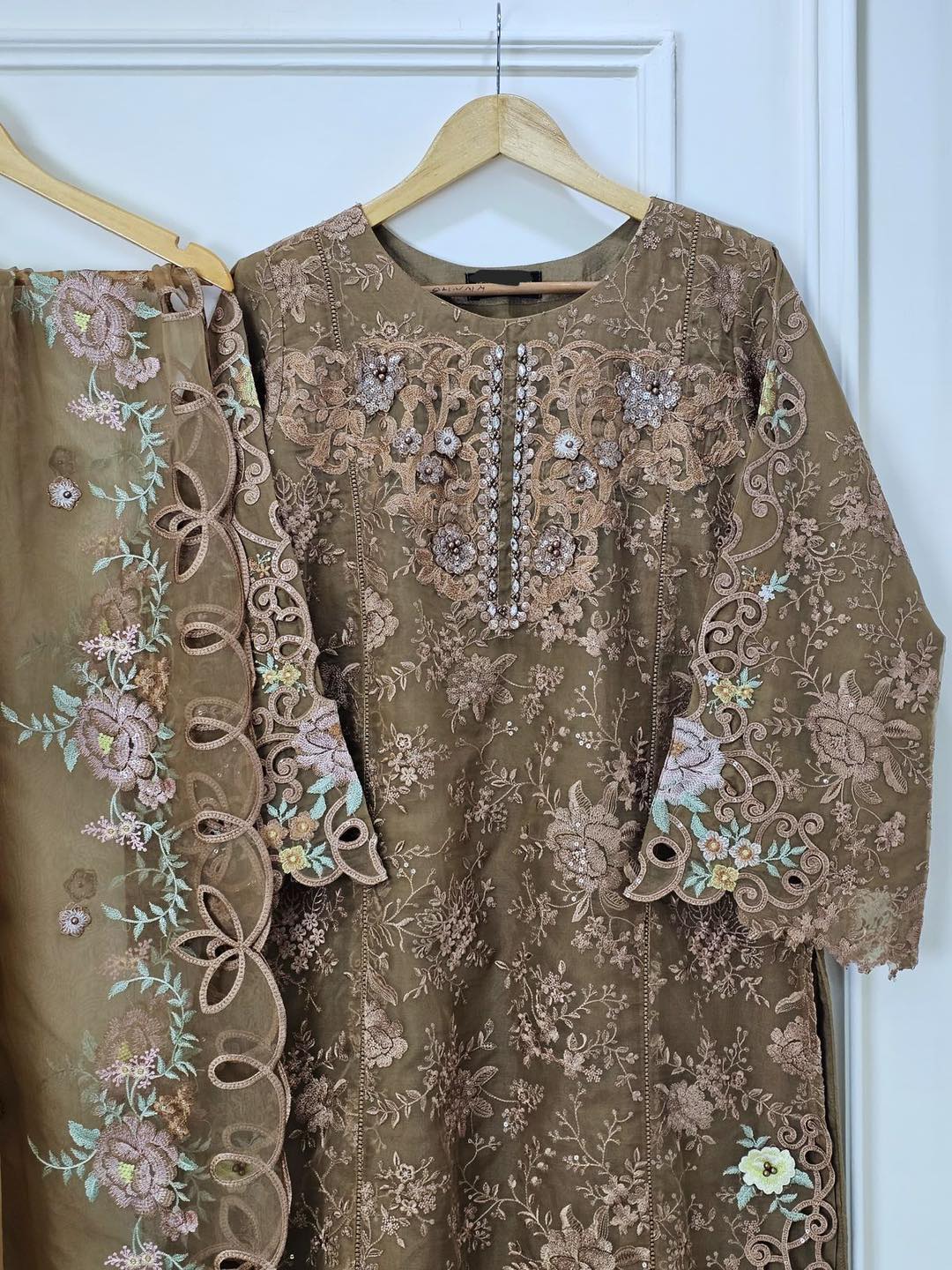MariaB Inspired Three Piece Suit with Intricate Embroidery and Cutwork