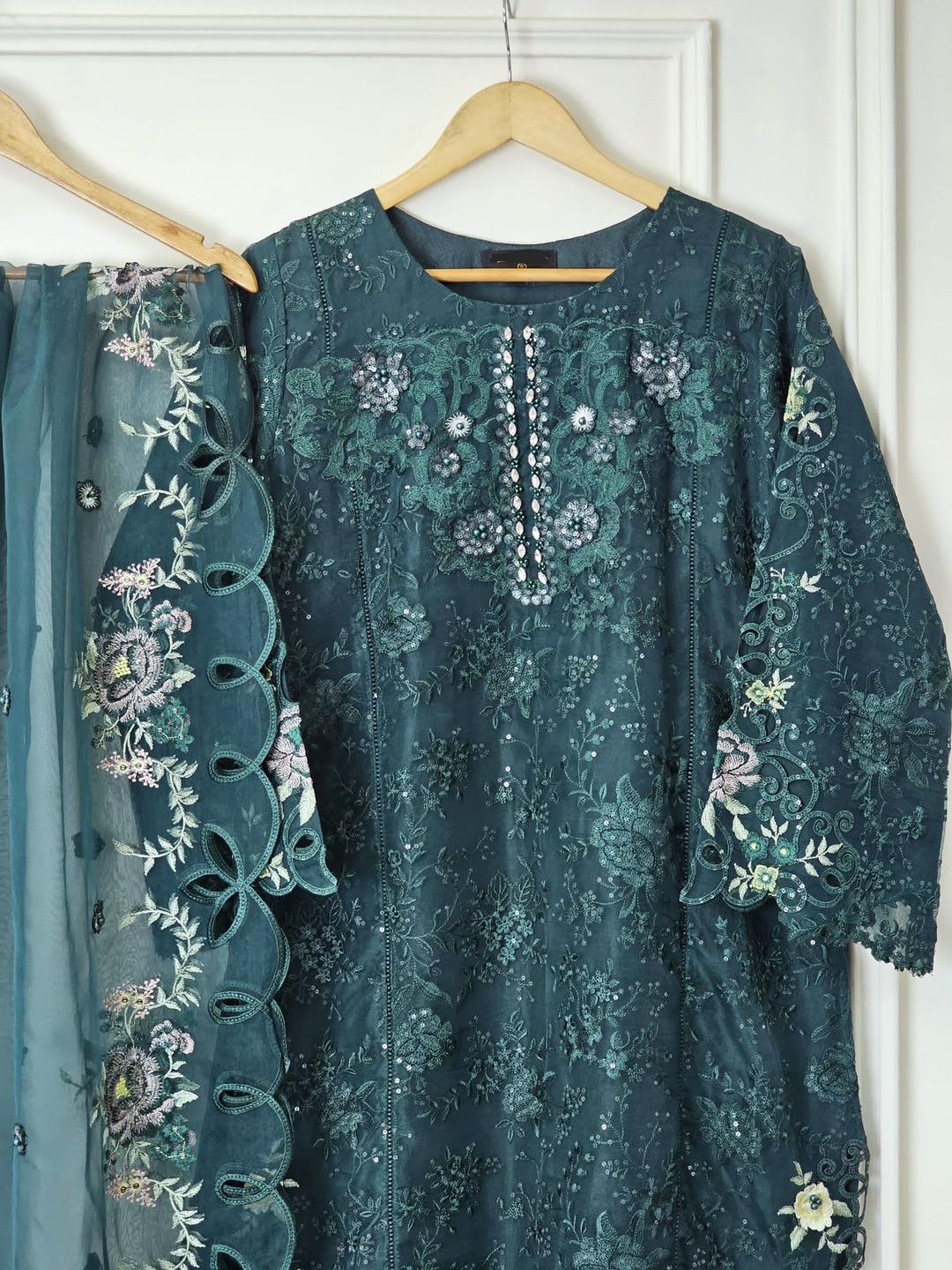 MariaB Inspired Three Piece Suit with Intricate Embroidery and Cutwork