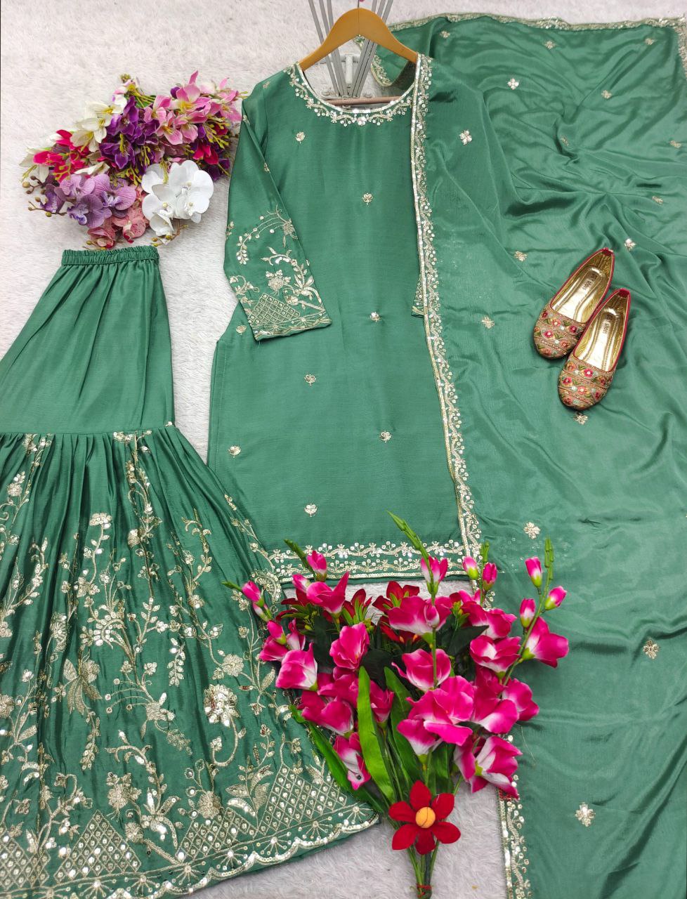 Chinon Top-Sarara and Dupatta Set Fully Stitched Ready To Wear