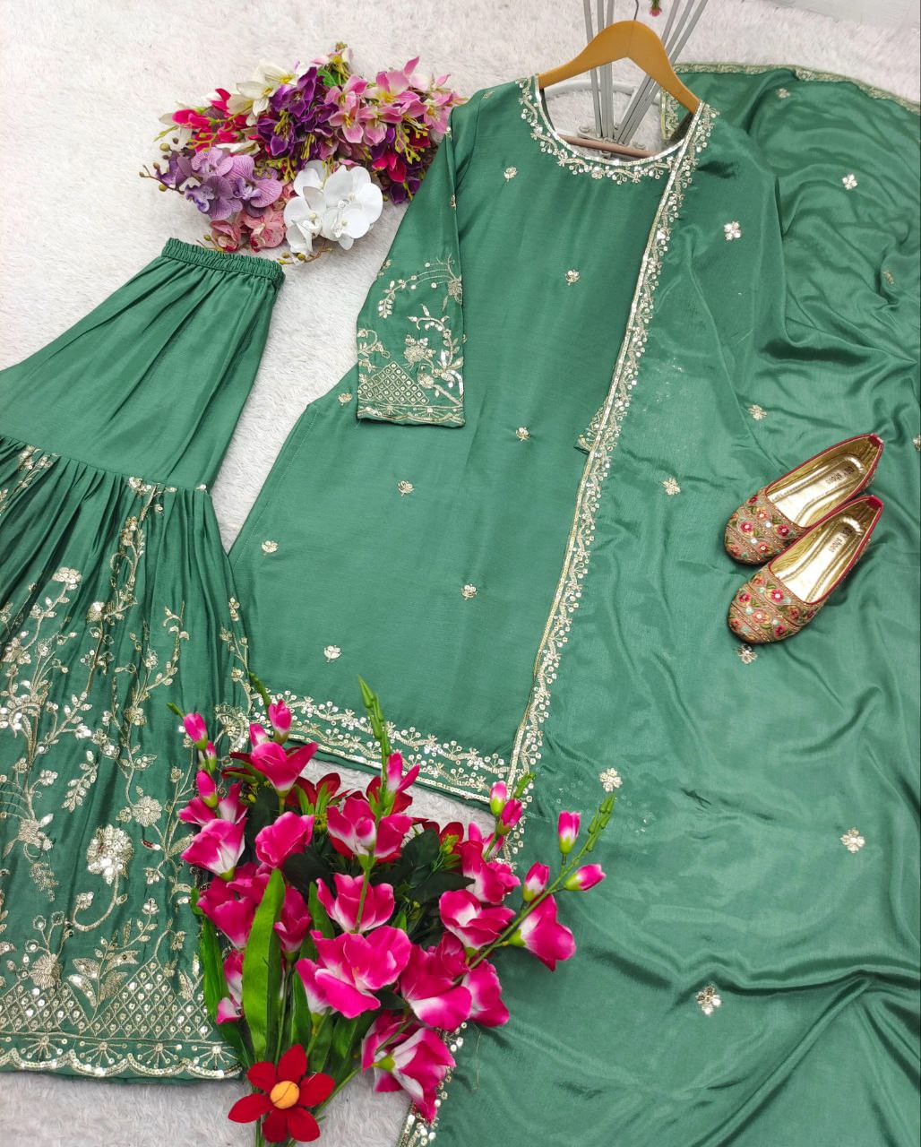 Chinon Top-Sarara and Dupatta Set Fully Stitched Ready To Wear
