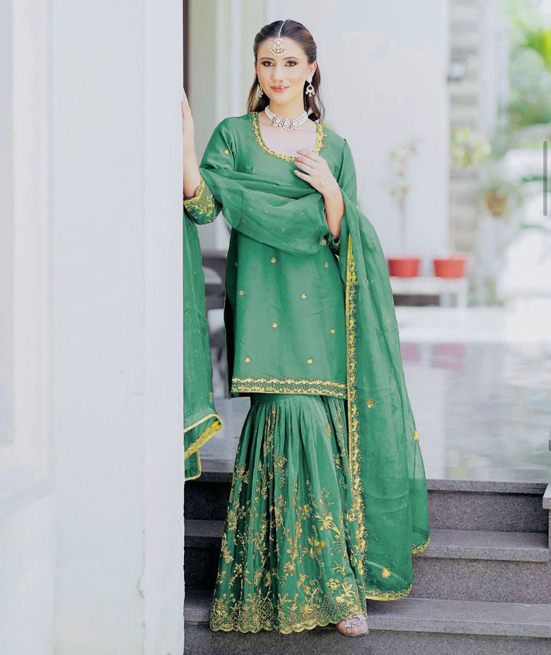 Chinon Top-Sarara and Dupatta Set Fully Stitched Ready To Wear