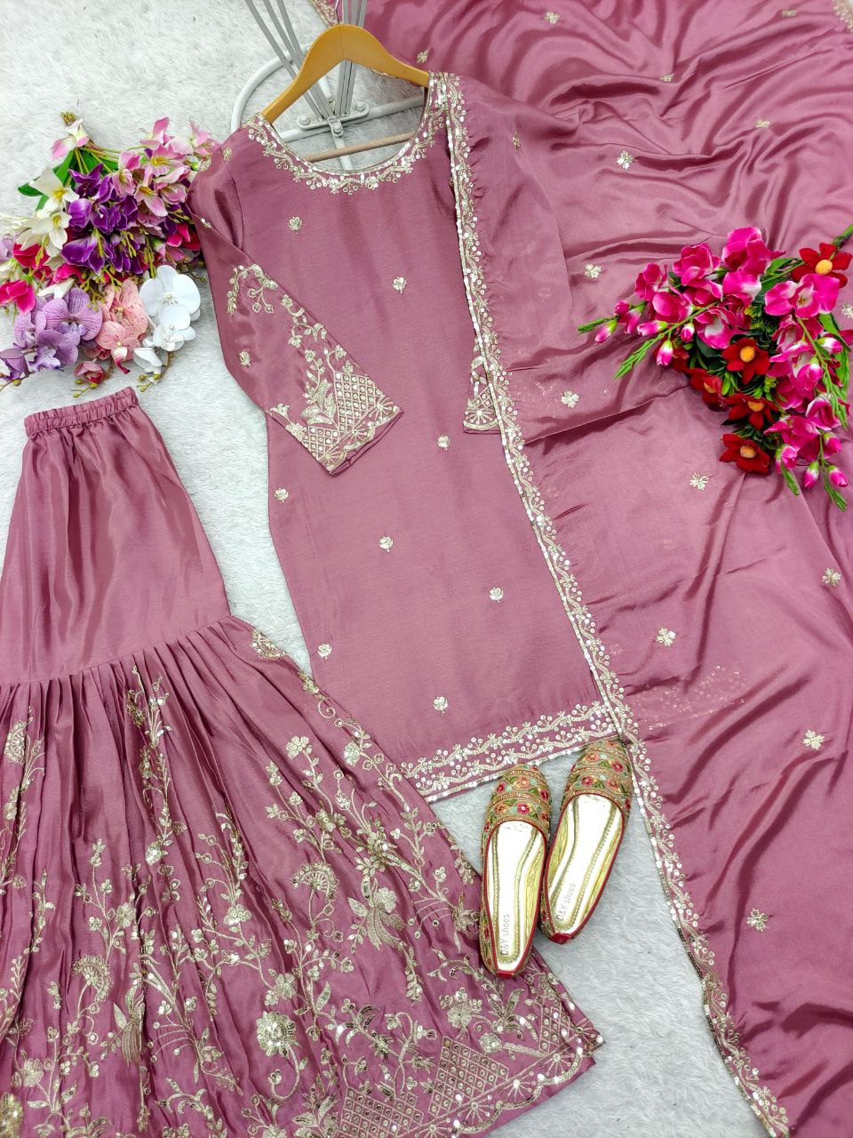 Chinon Top-Sarara and Dupatta Set Fully Stitched Ready To Wear