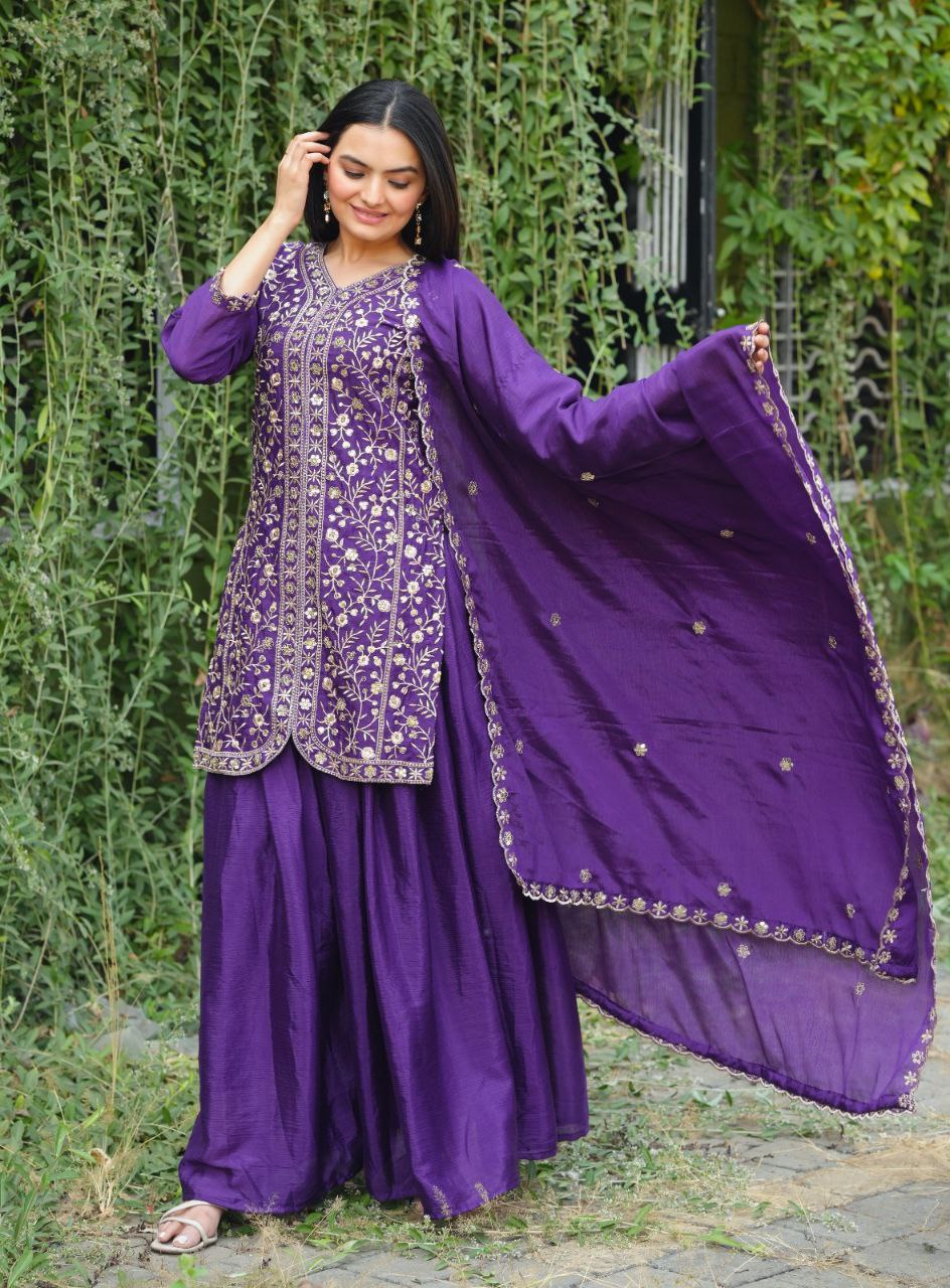 Chinon Sharara Suit With Sequence Embroidered Work