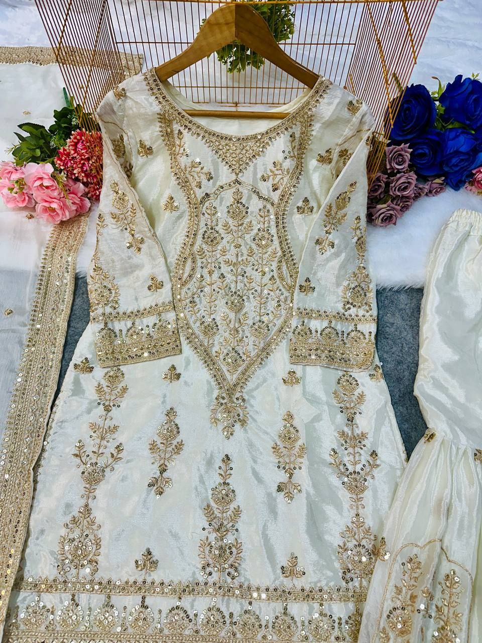 PARTY WEAR TOP AND SARARA WITH FANCY DUPPATA