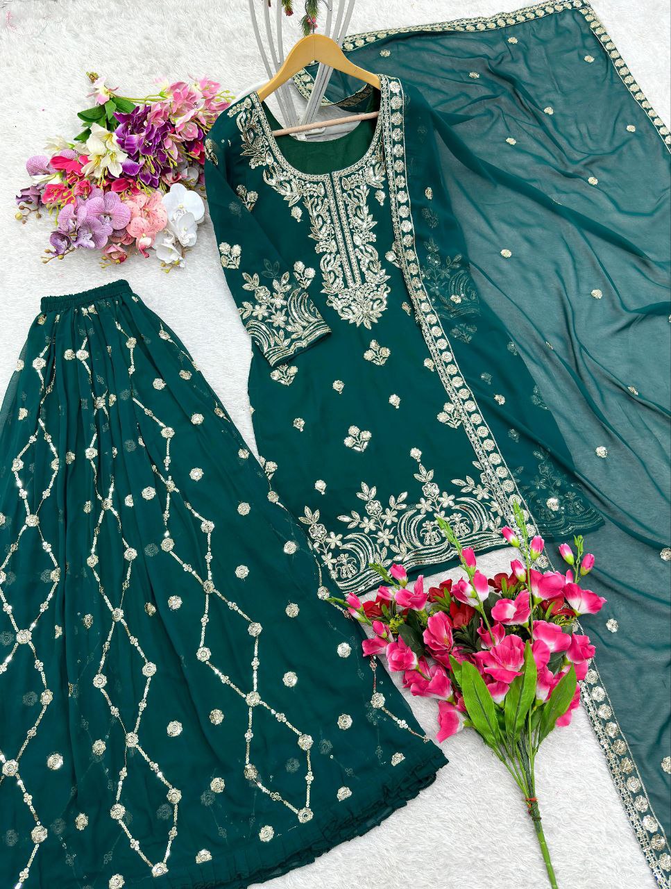 Pure Faux Georgette Top-Sarara and Dupatta Set