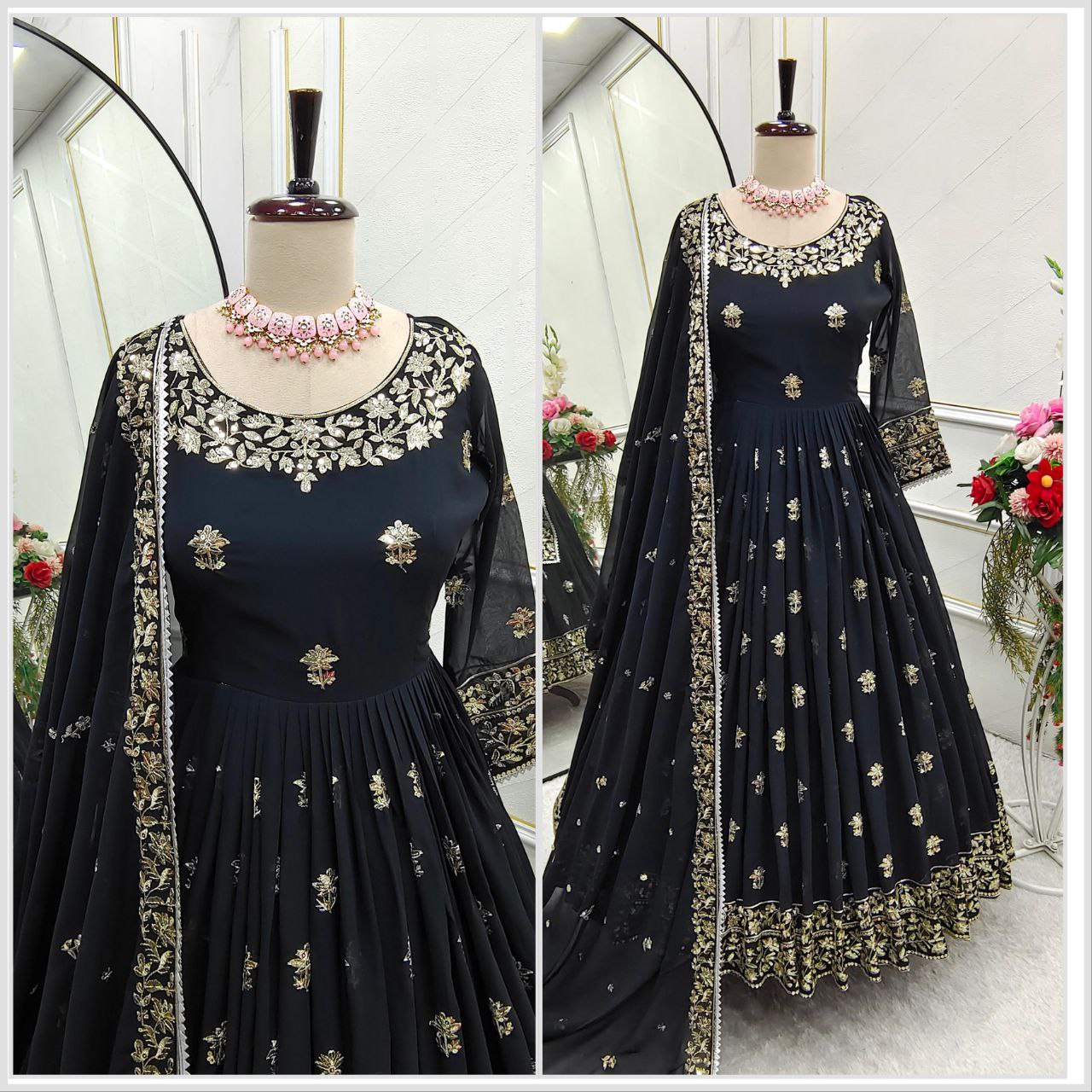 Heavy Fox Georgett Gown -Pent Dupatta Set Fully Stitched Ready To Wear