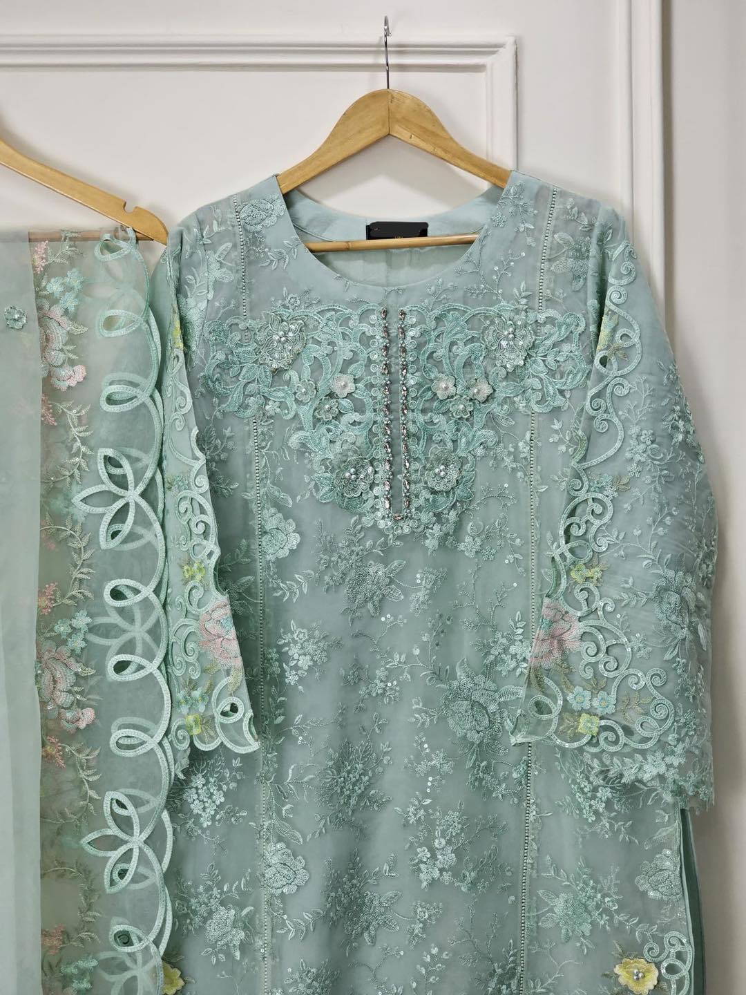 MariaB Inspired Three Piece Suit with Intricate Embroidery and Cutwork