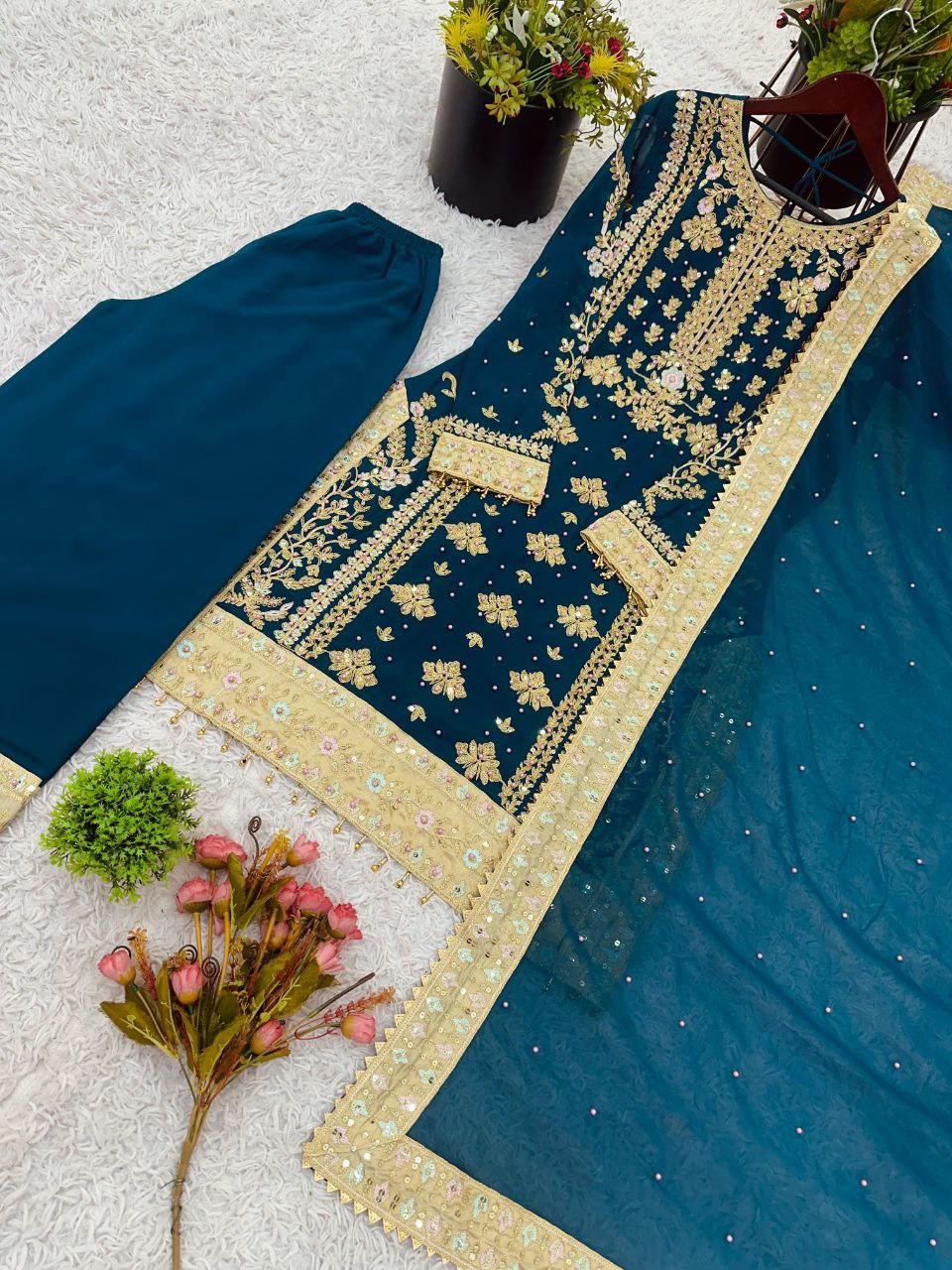 Heavy Embroidery Sequence Work Top-Bottom And Dupatta Set